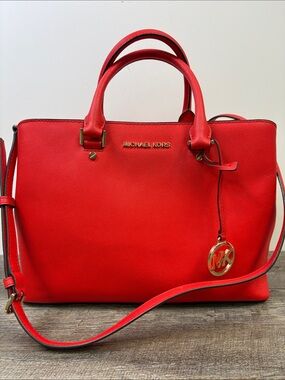 Michael Kors Sutton Large Saffiano Leather Satchel Crossbody Bag Bright Red